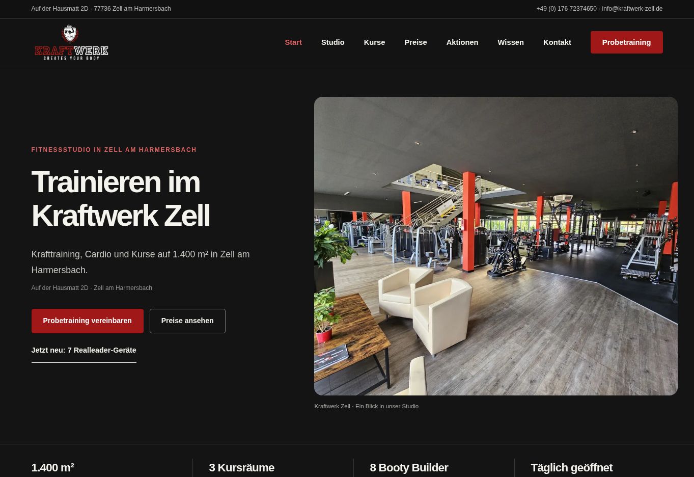 Startseite von Kraftwerk Zell mit Studiofoto, Kursen, Preisen und Probetraining
